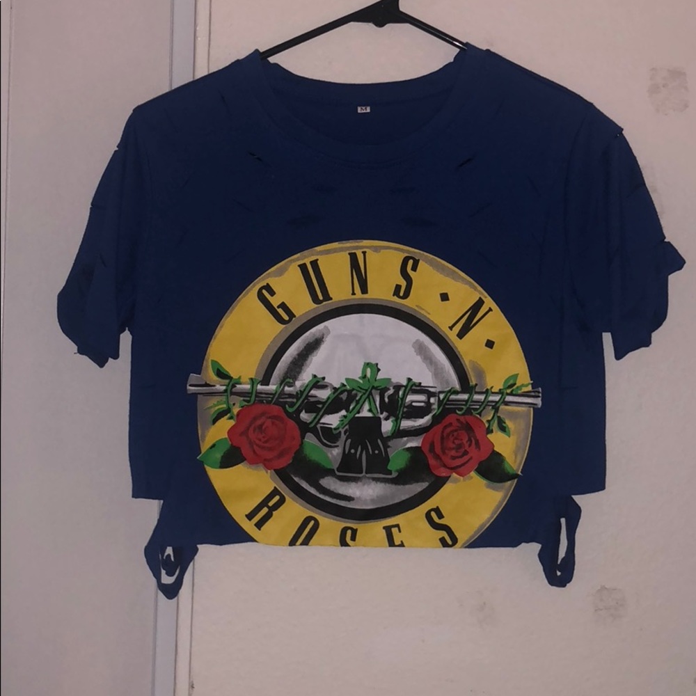 Blue crop guns and roses top